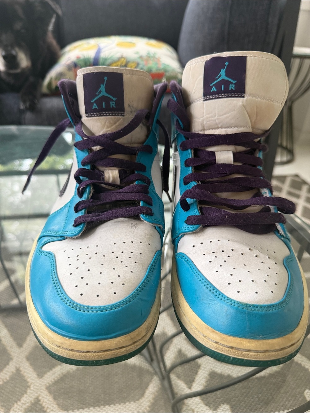 Jordan Mens 10.5 Turquoise, Purple & White High-Top Sneakers